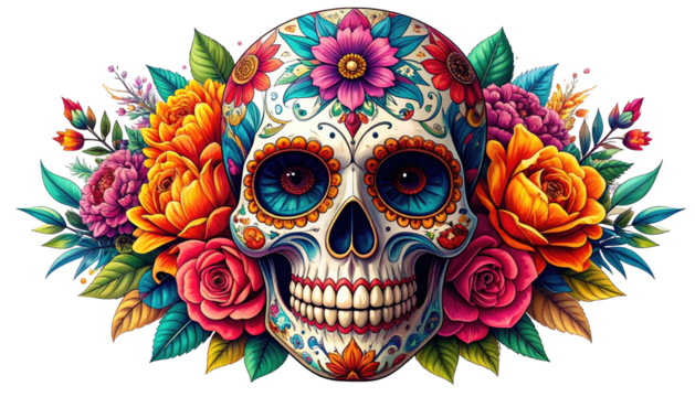 Ornate skull surrounded by vibrant flowers, eyes bright