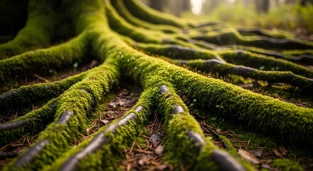 Close up of moss covered tree roots in a forest setting with soft lighting