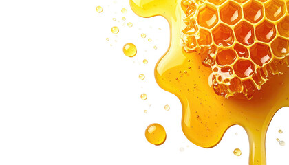 Honeycomb drips golden liquid, spilling onto black