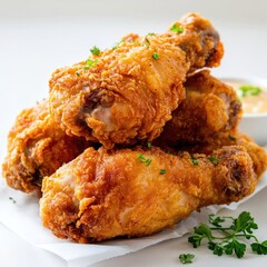 Crispy Fried Chicken Drumsticks on a Plate with Garnish and Sauce for Tasty Meal or Snack