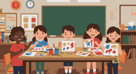 A diverse group of happy elementary school children joyfully express their creativity through painting colorful artworks during an engaging art class activity.