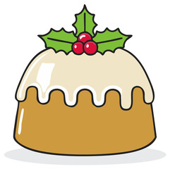 Festive cartoon Christmas pudding illustration with sweet white icing and traditional holly berries.
