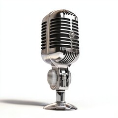 Vintage chrome microphone on a sleek white background, perfect for music, podcasts, or audio recording projects