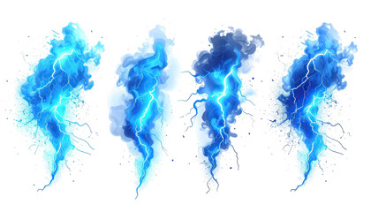 Four lightning strikes, various blues, on black, cloud-like