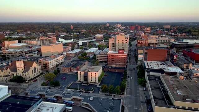 aerial orbitting rockford illinois at sunset