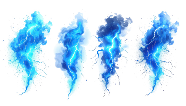 Four lightning strikes, various blues, on black, cloud-like