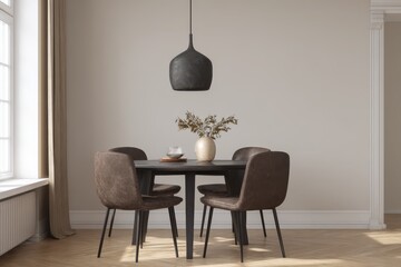 Round wooden table with chairs around. Contemporary interior design furnishings arrangement. Home decor, apartment furniture. Elegant luxurious dining set in classic rich style. Neutral modern house.