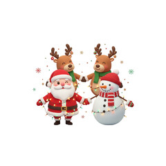 A group of Santa, reindeer, and snowman holding hands, 3D cute cartoon, festive lighting, white background