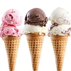 Colorful scoops of creamy ice cream in cone with chocolate, strawberry, and vanilla flavors on white background