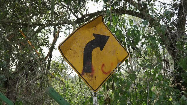 Yellow diamond-shaped road sign with a black arrow indicating a sharp right curve turn