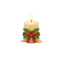 Burning white christmas candle decoration with  holly on white background for holiday celebration