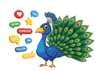 Obraz premium A proud cartoon peacock displays its feathers alongside social media engagement icons like share, comment, and follow.