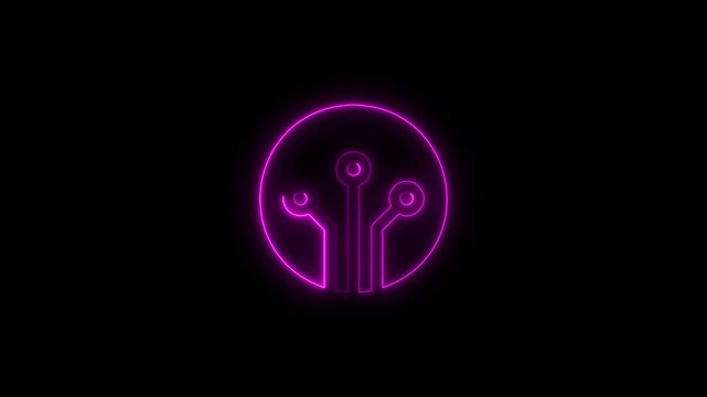 Neon pink abstract network node icon on black background connection technology