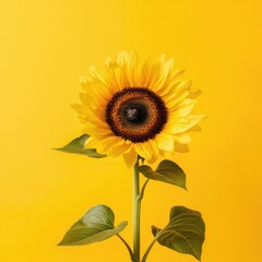 Bright and Cheerful Sunflower Against a Vivid Yellow Background, Symbol of Summer and Happiness in Nature Photography