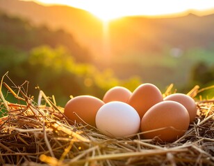 Freshly laid eggs nest in sunlight with blurred scenic background