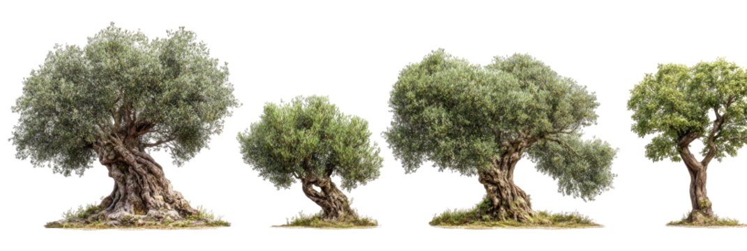 Four gnarled, old olive trees stand on dry earth