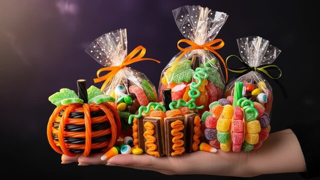 Hand holding assortment of Halloween candies arranged in pumpkin shapes and gift bags