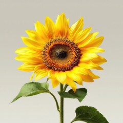 Obraz premium Bright and Vibrant Sunflower with Lush Green Leaves Against Soft Gray Background