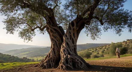 Fototapeta premium Ancient olive trees in andalusia, spain, with twisted trunks and gnarled branches in the countryside