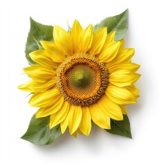Obraz premium Bright and Cheerful Sunflower with Green Leaves Isolated on White Background