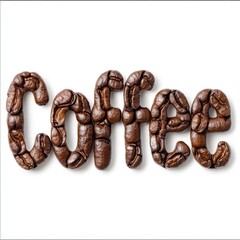 Coffee Word Formed from Vibrant Roasted Coffee Beans on White Background