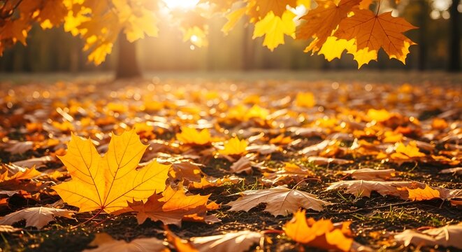 Golden autumn leaves falling on the ground with sunlight filtering through the trees, creating a warm and inviting atmosphere