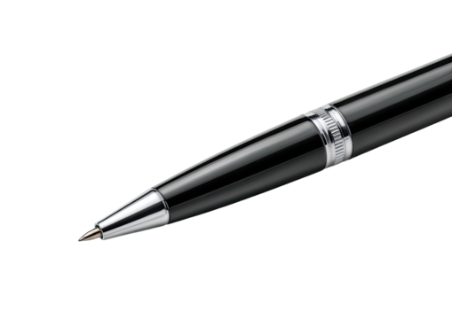 Sleek, black, silver-trimmed pen tip detail, on dark background