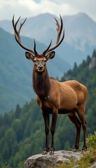 Naklejka premium Majestic elk with antlers stands on mountain ridge. Wild deer is animal with brown fur, looking at camera. Green forest background in scenery landscape with mountains.