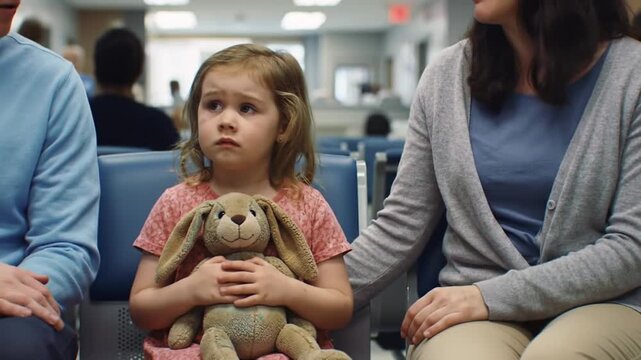 A young girl sits with a stuffed rabbit in a waiting room