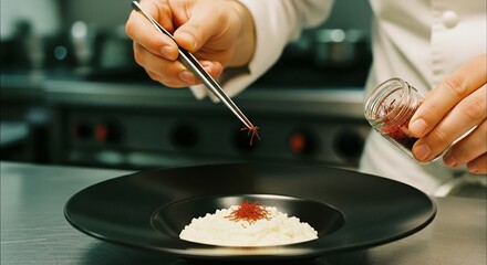 chef garnishing creamy white risotto with fiery-red saffron threads using fine tweezers