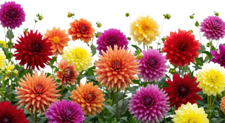 Colorful Dahlia Flowers In Bloom With Green Leaves isolated on transparent background