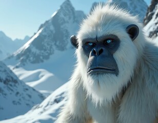 Close up photo of the Yeti. Beast stares into the distance. Bigfoot creature against the backdrop of snow capped mountains in winter. Snow covered landscape.