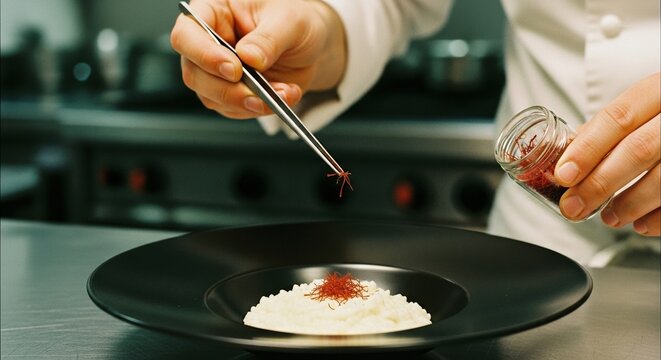 chef garnishing creamy white risotto with fiery-red saffron threads using fine tweezers