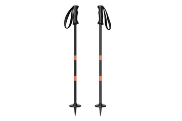 Pair of black ski poles with orange accents on transparent background. Winter sports equipment for skiing and trekking