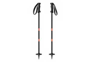Pair of black ski poles with orange accents on transparent background. Winter sports equipment for skiing and trekking