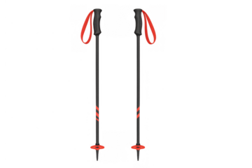 Pair of black and red ski poles with baskets for winter skiing sport equipment, transparent background