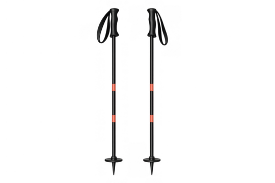 Pair of black ski poles with orange accents on transparent background. Winter sports equipment for skiing and trekking