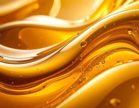 Flowing, glossy abstract with gold and yellow fluid waves and bubbles