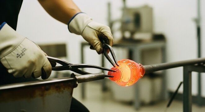 glassblower shaping glowing molten glass with steel tongs