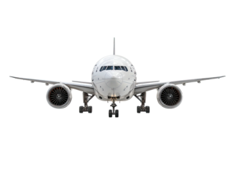 Front view of white jet plane, parked, against black backdrop