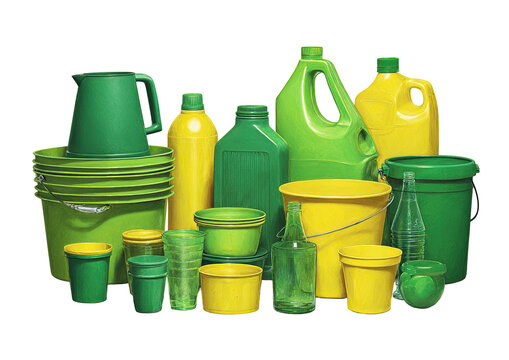Green, yellow plastic containers, buckets, jugs on black