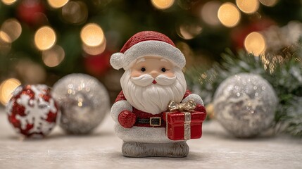 Obraz premium Cozy Christmas holiday scene with a cute Santa Claus figurine surrounded by festive ornaments and a tiny red gift box in warm glowing lights cheerful seasonal decoration for winter celebration