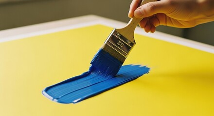 a hand painting a bold blue stripe across a yellow surface, capturing contrast and motion
