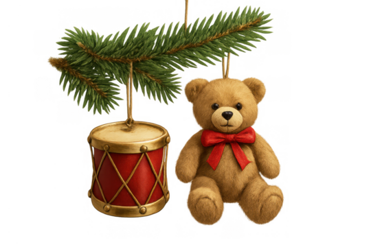 Christmas teddy bear and drum ornaments hanging from pine branch, festive holiday decoration