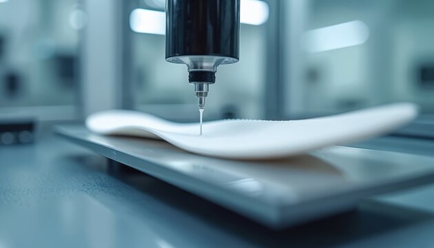 Advanced tech machinery sculpts shoe insole in workshop. Cutting edge equipment used during insole production. Modern factory setting shows automated process in progress. Precision footwear