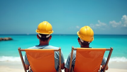 Two factory workers in hardhats relax on beach chairs. Enjoy tropical ocean, blue sea view. Labor Day concept well deserved vacation, summer getaway for tired men. Unwind at seaside.