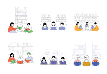 Fototapeta premium Set Young People Reading Books Together Education and Literacy Concept. Girls and Boys Studying in Library. Flat Cartoon Vector Illustration.
