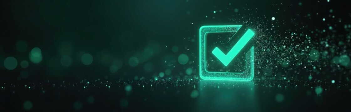 Green glowing checkmark symbol in square box appears on dark background. Digital particles flow around verified icon. Abstract graphic represents completion, success, confirmation, security,