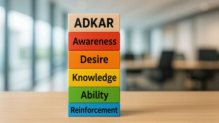 ADKAR model blocks showing awareness desire knowledge ability and reinforcement stages of change management process for organizational transformation communication and employee development concept