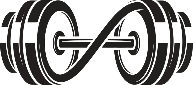 Black and white vector illustration of a dumbbell with an infinity symbol design for fitness goals and workout motivation showcasing strength and endurance